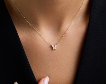 14K Solid gold CZ Butterfly Necklace, Minimalist Butterfly Necklace, Pave Diamond Butterfly Charm, Gift for Bestfriend, Christmas Gift Her