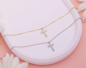 14k Gold Diamond Cross Necklace, Dainty Religious Jewelry, Pave Cross Pendant, Baptism & First Communion Gifts for Her Women Baby