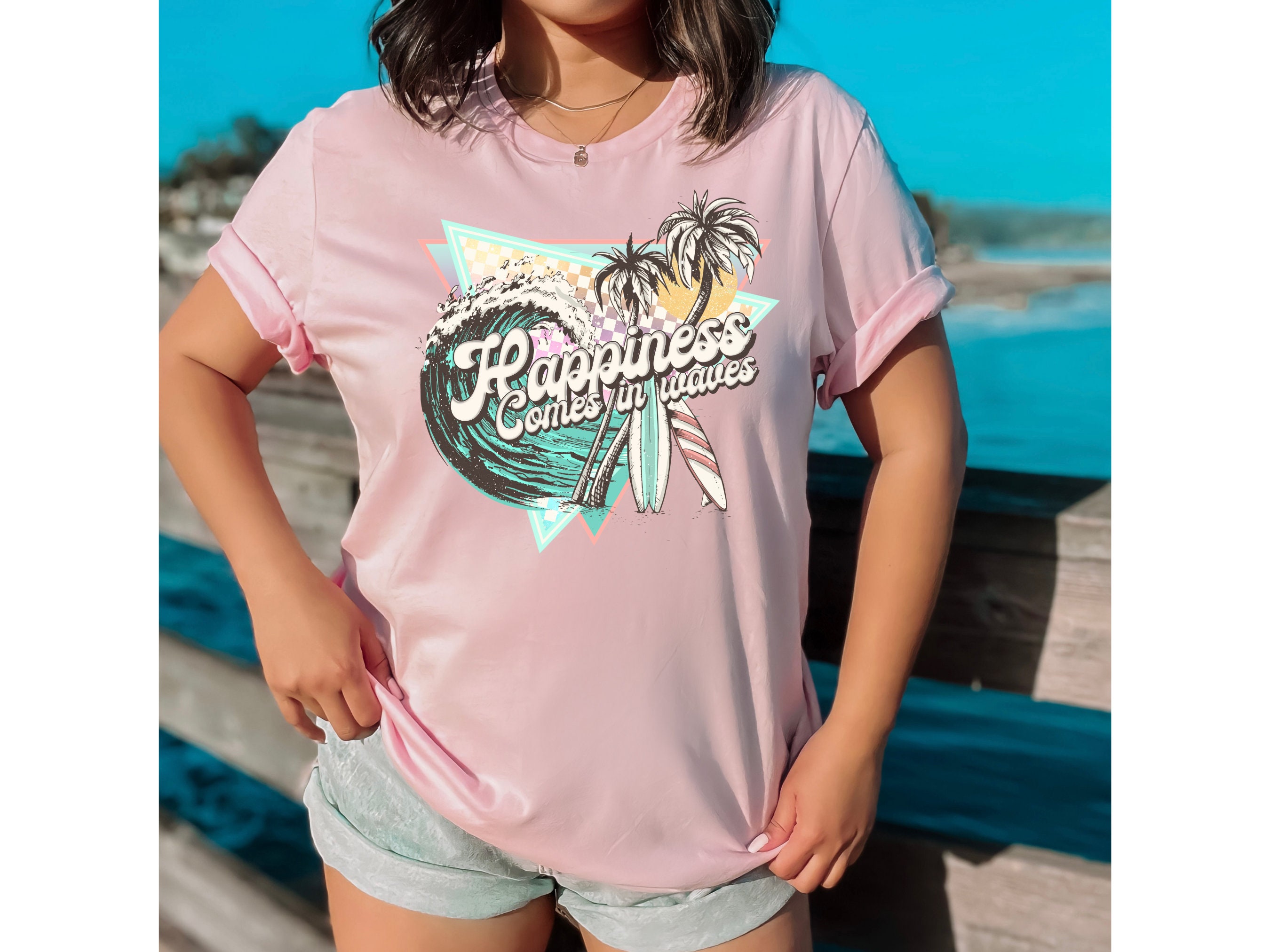 Happiness Comes in Waves Shirt Pink Beach Shirt Surfing Tee Etsy