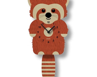 May include: A wooden wall clock in the shape of a red panda. The clock has a round face with black hands and numbers. The clock's body is red with a furry texture, and the face is beige. The clock has a tail with beige stripes.