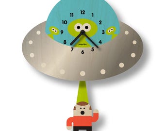 Horloge pendule soucoupe volante - Déco pour chambre d'enfant - Déco pour chambre d'enfant - Chambre d'enfant - Extraterrestres - Thème de l'espace - Système solaire