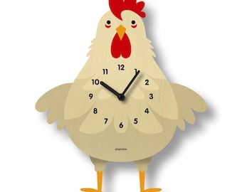 Horloge à pendule poulet Cleo - décoration de chambre d'enfants - décoration de chambre de bébé - horloge silencieuse - horloge pour enfants et adultes - décoration de ferme - fabriquée aux États-Unis