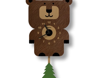 Bear Pendulum Clock - Kids Room Decor - Gift for Newborns - Woodland Nursery Decor - Silent Clock - Clock for Kids - Made in USA