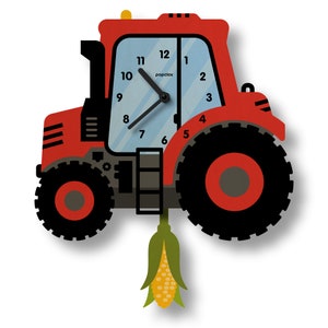 May include: A red tractor-shaped wall clock with black wheels and a corn-shaped pendulum. The clock face is light blue with black hands and the word "popclox". The tractor has a yellow light on top.