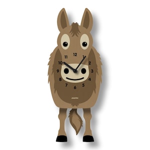 Reloj de péndulo Doug Donkey - Decoración para habitación infantil - Decoración para guardería - Reloj silencioso - Reloj para niños y adultos - Decoración estilo granja - Hecho en EE. UU.