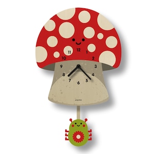 Reloj de péndulo con forma de seta - Decoración para habitación infantil - Regalo para recién nacidos - Decoración para guardería - Reloj silencioso - Reloj para niños - Hecho en EE. UU.