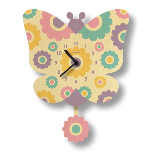 Butterfly Pendulum Clock - Kids Room Decor - Gift for Newborns - Nursery Decor - Nature - Clock for Kids - Pastel - Made in USA