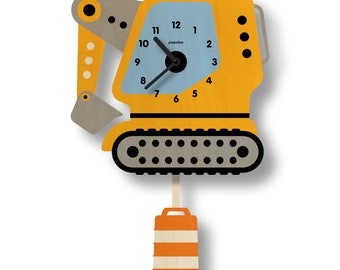 Excavator Pendulum Clock - Kids Room Decor - Gift for Newborns - Nursery Decor - Silent Clock - Clock for Kids - Cute Design - Made in USA