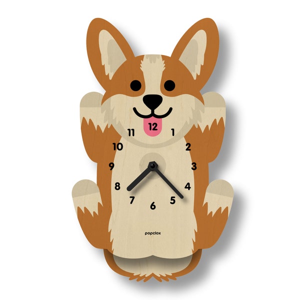 Corgi Pendulum Clock - Kids Room Decor - Dog Lover Gift - Silent Clock - Clock for Kids - Cute Design - Made in USA - Dog Decor