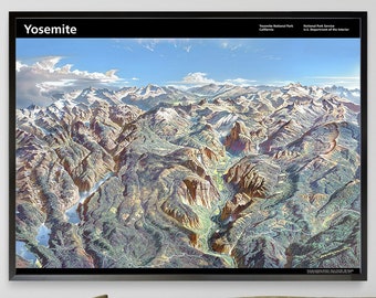 May include: A detailed, colorful, 3D relief map of Yosemite National Park in California. The map shows the park's mountains, valleys, and rivers. The title "Yosemite" is in the top left corner of the map.