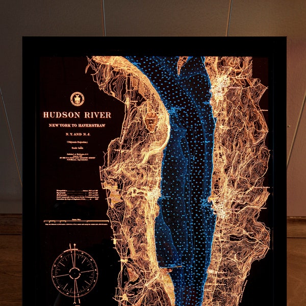 Tarrytown, Ossining, Nyack, NY illuminated map | New York map | Hudson River art | Illuminated sculpture