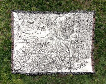 New York State Black & White Map Blanket | 100% Cotton Woven Throw | Wall Hanging | Tapestry | Map Art | Couch Cover | Unique Textile Gift