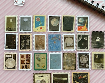 Retro Space Stamp Stickers: Galaxy, Planets, Moon (23 Pcs)
