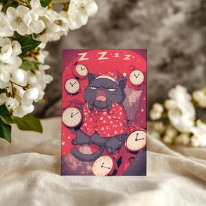 Sticker en vinyle Chat grincheux du lundi, carte postale, mini oeuvre d'art murale, chat débordé en pyjama avec réveils, parfait pour le stress au travail et la déprime du lundi