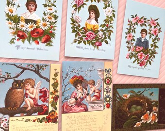 6PCS Victorian Valentine Postcard Set by Obpacher Brothers – 1884 Vintage Cupid & Floral Cards Collection