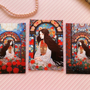 Impression d'art mural fille élégante - Ensemble de cartes postales Beauté fantastique - Impressions princesse - Oeuvre d'art inspirée du verre coloré - Carte postale florale