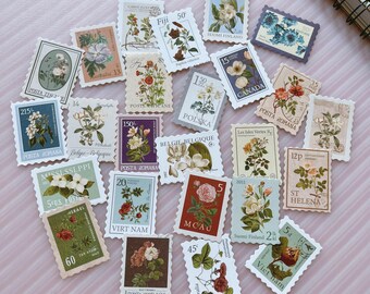 25 Vintage Botanical Postage Stamp Stickers ,Floral & Rose Stamp Sticker Pack, Junk Journal, Scrapbook, Cottagecore, Vintage Ephemera Deco