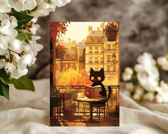 Black Cat Cafe Reading Postcard: Espresso Art Print, Glossy Sticker