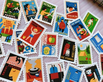 Vintage Health Poster Stamp Stickers, Mid-Century Retro Wellness Pack