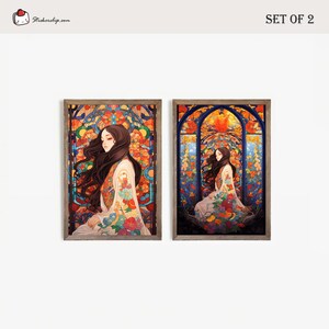 Mystisches Mädchen Wand Kunst Druck - Beauty Postkarten Set - Prinzessin Drucke - Bunt Glas Stil - Floraler Hintergrund