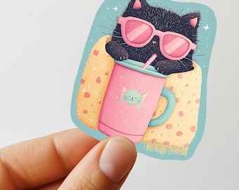 Black Cat Sticker, Pink Sunglasses, Coffee Mug, Waterproof Vinyl Decal