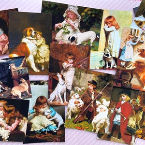 Ensemble de 16 cartes postales enfants et chiens, mini impressions d'art mural Charles Burton Barber, illustrations d'animaux de compagnie et d'enfants