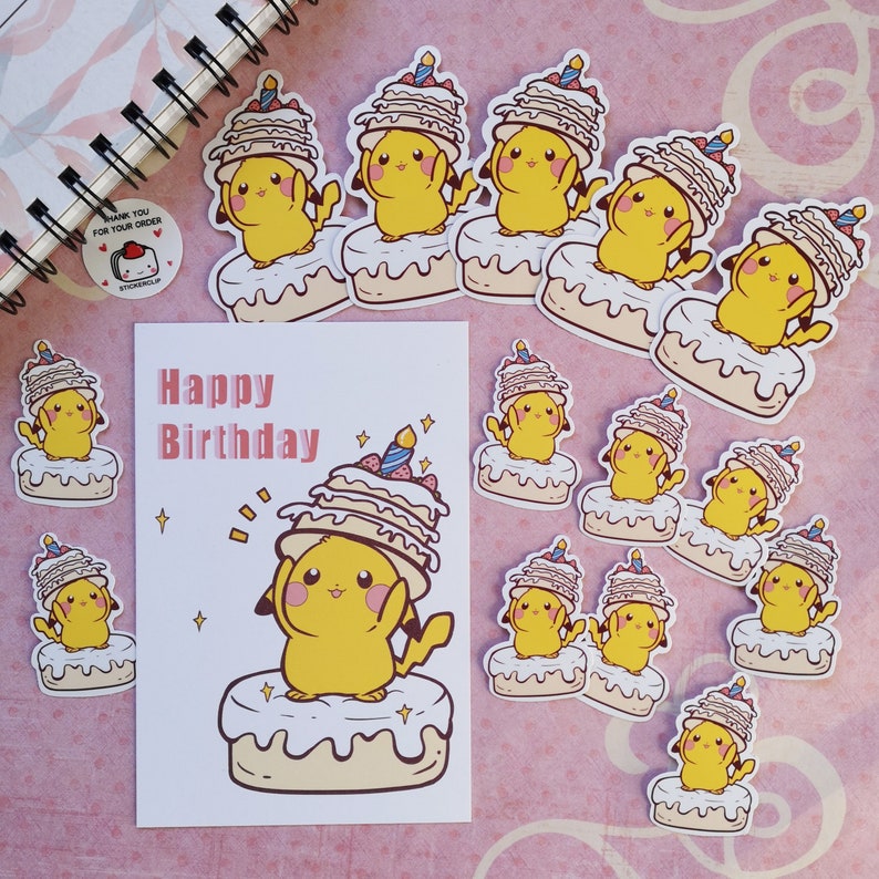 May include: A set of 11 yellow Pikachu stickers with a birthday cake on their head. The stickers are on a pink background with a card that says "Happy Birthday".