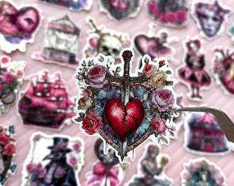 Gothic Heart Rose Knight Stickers, Victorian Fantasy Journal Supplies, Dark Decor Laptop Decals