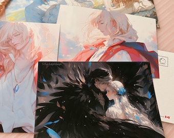 May include: A set of four postcards featuring anime characters with long, flowing white hair. The characters are depicted in various poses and settings, including a couple embracing under a dark sky with a large black bird's wings.