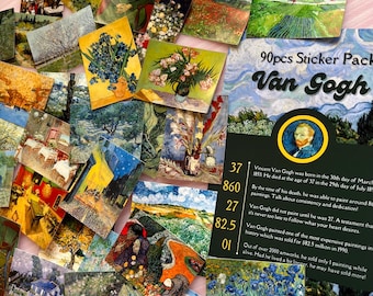 Puede incluir: Un paquete de pegatinas con 90 pegatinas diferentes de pinturas famosas de Vincent Van Gogh. Las pegatinas están dispuestas en un patrón aleatorio sobre una superficie rosa. El texto en el paquete de pegatinas dice "90pcs Sticker Pack Van Gogh".