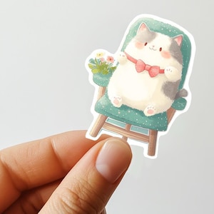 Pegatina adorable de gato gordo, lindo gato de dibujos animados con pajarita, ilustración de gato kawaii, perfecta para portátiles, diarios y álbumes de recortes