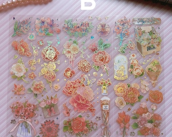 8 styles 3D Gold Foil flower sticker sheet,Transparent PET journal sticker,Scrapbook decorative holographic aesthetic sticker,laptop sticker
