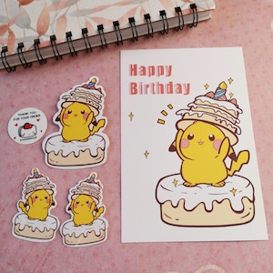 Poke Sticker and birthday card set, Cute postcard, mini print, birthday gift , Greeting card, deco stickers