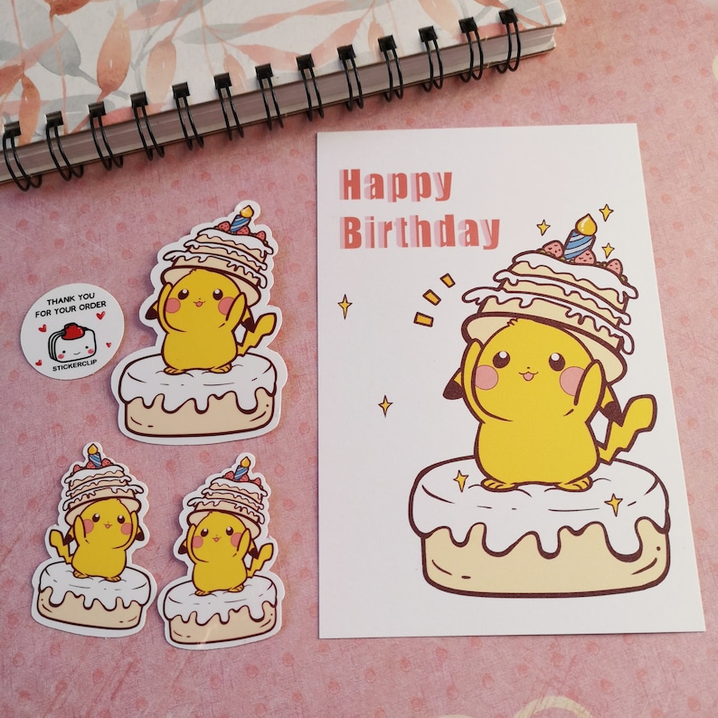 May include: A set of four stickers featuring a cartoon Pikachu character wearing a birthday hat and holding a cake. The stickers are on a pink background with the text "Happy Birthday" on a card.