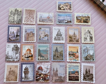 Pegatinas de sellos postales vintage para diario de viaje europeo, álbum de recortes, planificador, monumento mundial, juego de correo retro