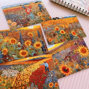 Sonnenblumenfeld Kunstpostkarten, Postkartenset im Malstil von Vincent Van Gogh, impressionistische Ölmalerei, Sonnenblumendekoration Wandkunst