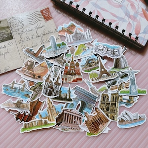 Paquete de pegatinas mate de lugares de interés mundialmente famosos, paquete de pegatinas de viaje, calcomanías vintage para scrapbooking, pegatinas para cuadernos, pegatinas para portátiles