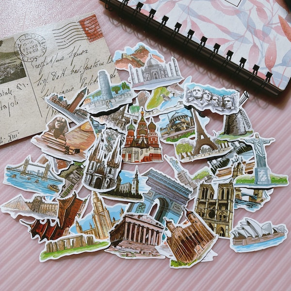 World famous landmarks matte stickers Pack, Travel Sticker Bundle , Vintage scrapbooking decals, notebook stickers, laptop stickers