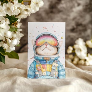 Adesivo de astronauta de gato, arte de parede Alcance para as estrelas, cartão postal grande dos sonhos, Avoir la Tête dans les Étoiles, impressão de sonhos estrelados de gato espacial caprichoso