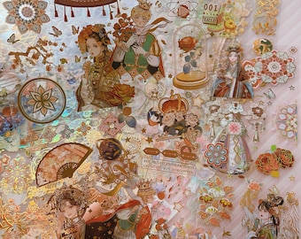 May include: A collection of colorful, decorative stickers featuring whimsical illustrations of flowers, crowns, and people. The stickers are printed on a clear, iridescent background. The text "THE BIGGEST PROBLEM IS NOT GROW UP BUT FORGOTTEN" is included on the sticker sheet.
