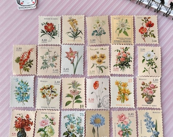 Vintage Floral Stamp Stickers: Retro Botanical Decals, Scrapbook Stickers