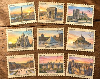 Vintage France Landmark Stamp Stickers, 9PCS French Travel Journal Decor Scrapbook Sticker