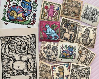 Mittelalterliche Katzen-Aufkleber- und Postkarten-Set, Fantasy-Drachen-Schnecke-Meerjungfrau-Katzen-Manuskript-Kunst-Aufkleber