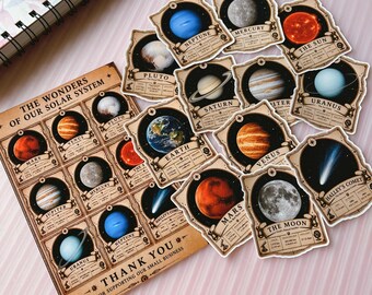 Pegatinas vintage del sistema solar: planetas, cielo y espacio para agenda/diario (12 unidades)