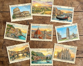 9 Pcs Italy Landmarks Stamp Sticker Pack: Vintage Travel Postage Journal Supplies