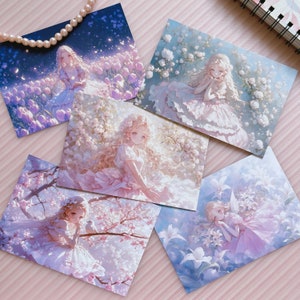 Ensemble original de cartes postales de fée de fleur de caractère, impressions de jolie princesse d'anime, mini art mural mignon, décoration de chambre de fille, oeuvre d'art esthétique de Kawaii