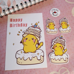 May include: A birthday card with a yellow cartoon character holding a layered cake with a lit candle on top. The card says "Happy Birthday" in pink and white letters. There are three stickers of the same cartoon character holding a cake on a white background.