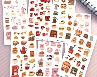 Paquete de hojas de pegatinas de café: Juego de pegatinas kawaii para álbumes de recortes y agendas de cafeterías