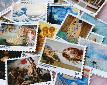 18 pegatinas de sellos postales con motivos de pinturas famosas, arte vintage, para diarios, agendas, álbumes de recortes y portátiles.