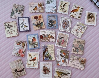Vintage Postage Stamp Stickers Bird Botanical Junk Journal Scrapbook Ephemera Cottagecore Planner Craft Set